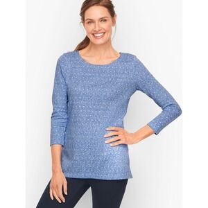 T by‎ Talbots Womens Twist Back Top in Dot Jacquard Size Medium Blue Polka Dot